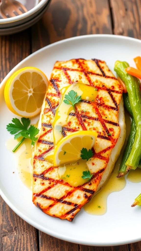 Grilled Tilapia with Lemon Butter Sauce Grilled tilapia fillet with lemon butter sauce and parsley on a white plate with vegetables.